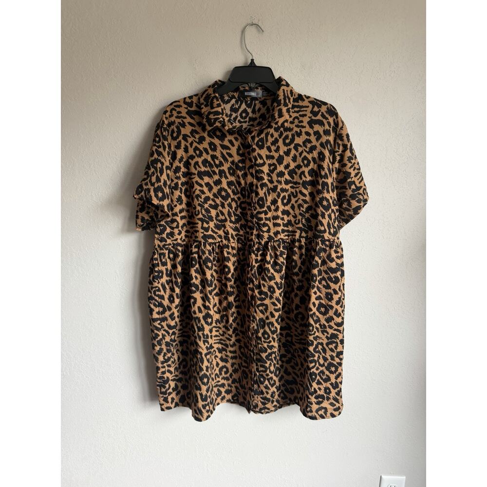 Missguided Black Brown Leopard Print Button Down Mini A-Line Dress Womens 10